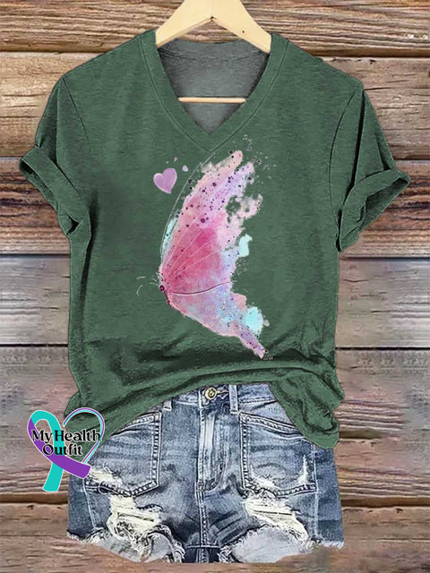 Women’s Breast Cancer Awareness Butterfly V-neck Casual T-Shirt Green / S
