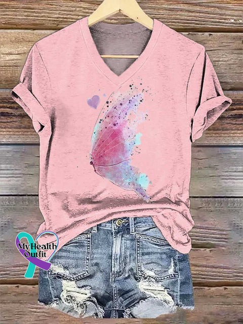Women’s Breast Cancer Awareness Butterfly V-neck Casual T-Shirt LightPink / S