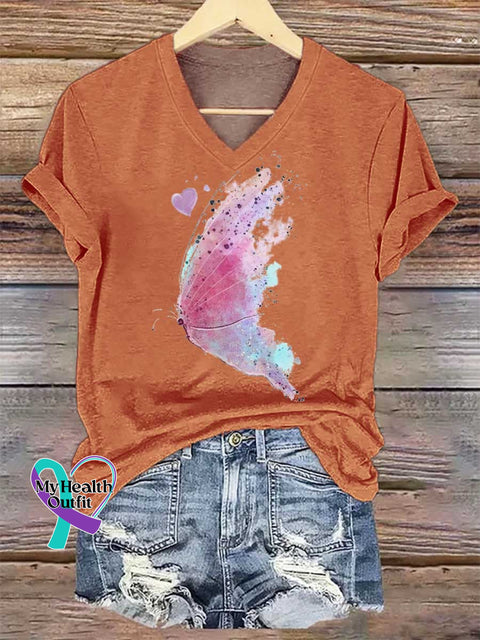 Women’s Breast Cancer Awareness Butterfly V-neck Casual T-Shirt Orange / S