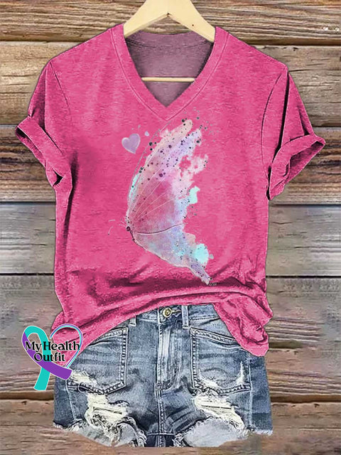 Women’s Breast Cancer Awareness Butterfly V-neck Casual T-Shirt Pink / S