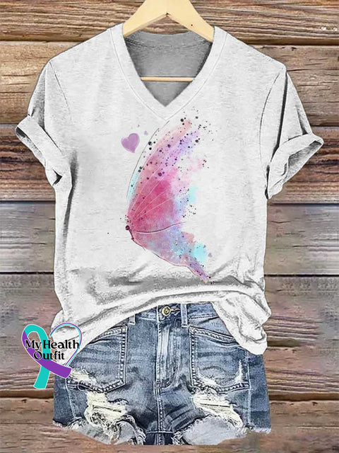 Women’s Breast Cancer Awareness Butterfly V-neck Casual T-Shirt White / S