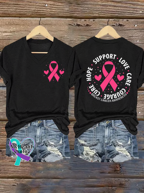 Women’s BREAST CANCER AWARENESS COURAGE CURE SUPPORT LOVE CARE V-neck Casual T-Shirt Black / S
