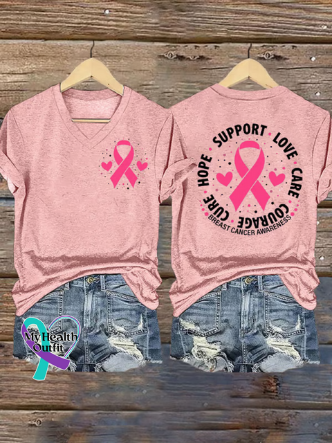 Women’s BREAST CANCER AWARENESS COURAGE CURE SUPPORT LOVE CARE V-neck Casual T-Shirt LightPink / S