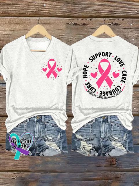 Women’s BREAST CANCER AWARENESS COURAGE CURE SUPPORT LOVE CARE V-neck Casual T-Shirt White / S