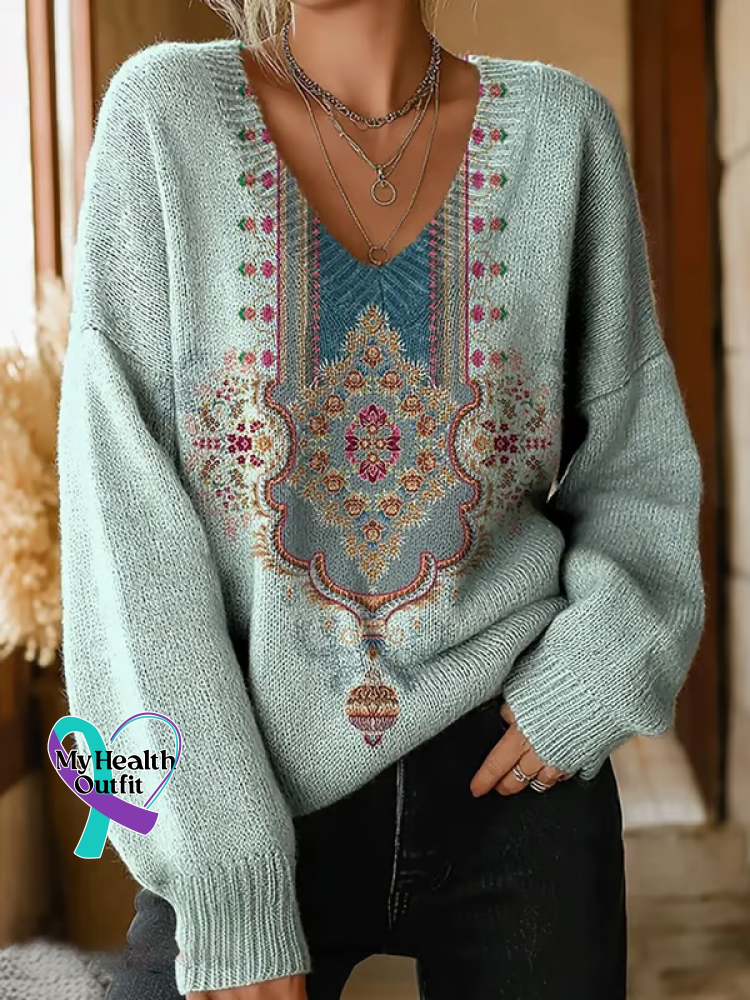 Women’s Breast Cancer Awareness Ethnic Patterns Casual V neck Pullover Knit Green / M