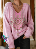 Women’s Breast Cancer Awareness Ethnic Patterns Casual V neck Pullover Knit Pink / M