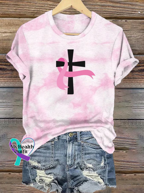 Women’s Breast Cancer Awareness Faith Cross T-Shirt Pink / S