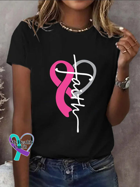 Women’s Breast Cancer Awareness Faith Print Casual T-Shirt Black / S