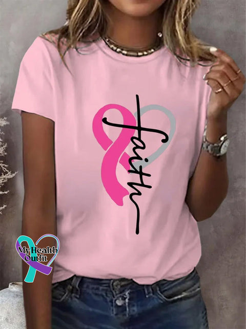 Women’s Breast Cancer Awareness Faith Print Casual T-Shirt Pink / S