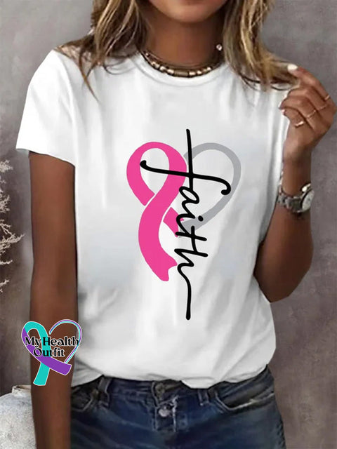 Women’s Breast Cancer Awareness Faith Print Casual T-Shirt White / S