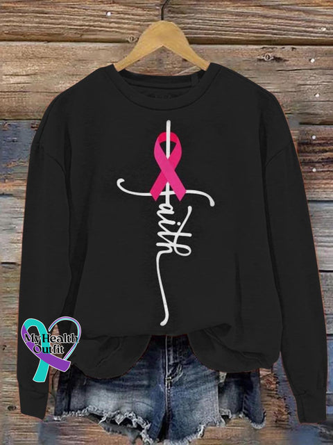 Women’s Breast Cancer Awareness Faith Print Pattern Casual Sweatshirt Black / S