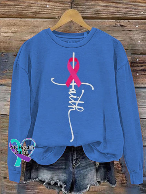 Women’s Breast Cancer Awareness Faith Print Pattern Casual Sweatshirt Blue / S