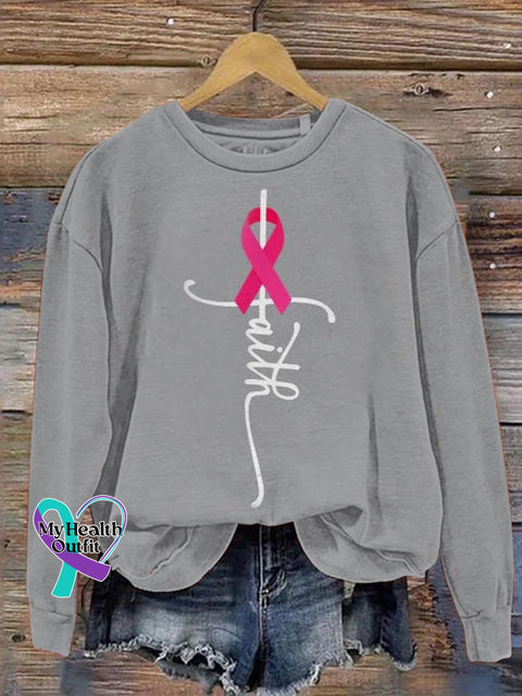 Women’s Breast Cancer Awareness Faith Print Pattern Casual Sweatshirt Grey / S