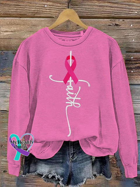 Women’s Breast Cancer Awareness Faith Print Pattern Casual Sweatshirt Pink / S
