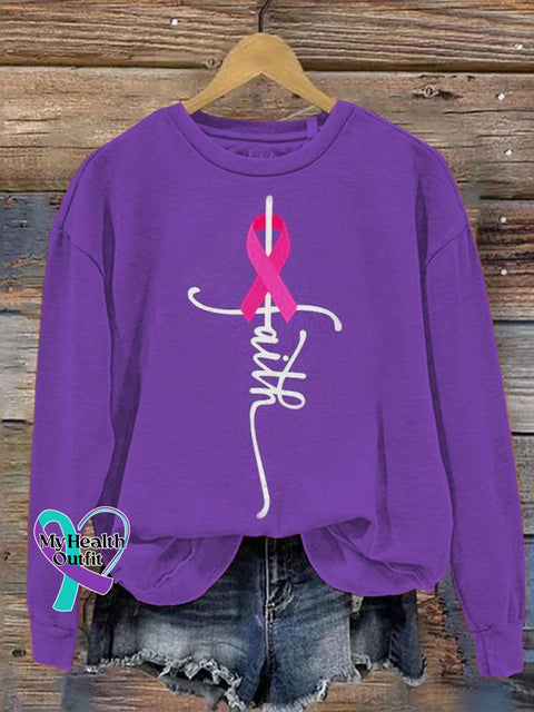 Women’s Breast Cancer Awareness Faith Print Pattern Casual Sweatshirt Purple / S
