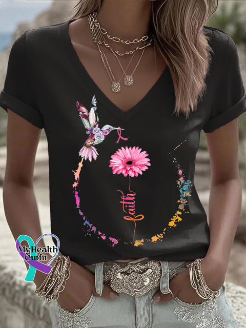 Women’s Breast Cancer Awareness Faith V neck Casual T Shirt Black / S