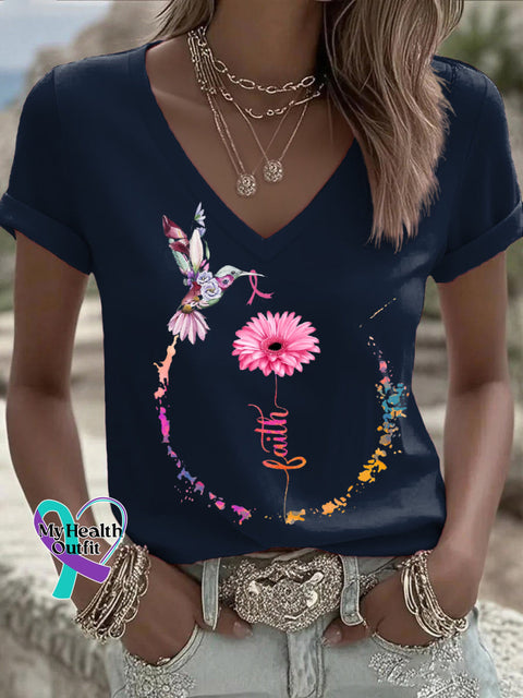 Women’s Breast Cancer Awareness Faith V neck Casual T Shirt Blue / S