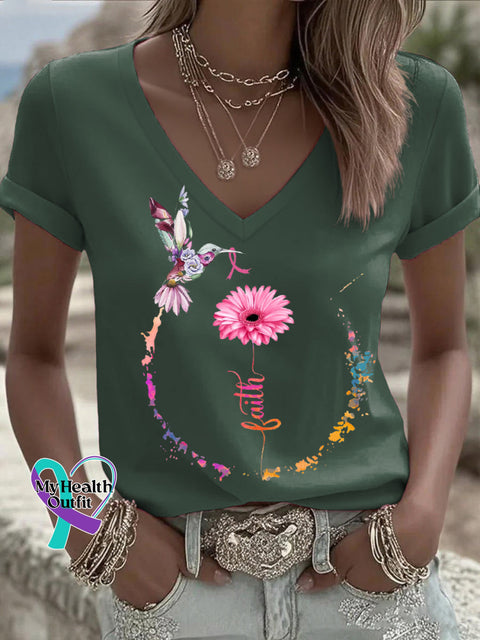 Women’s Breast Cancer Awareness Faith V neck Casual T Shirt Green / S
