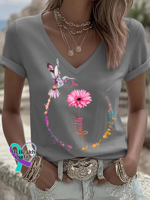 Women’s Breast Cancer Awareness Faith V neck Casual T Shirt Grey / S