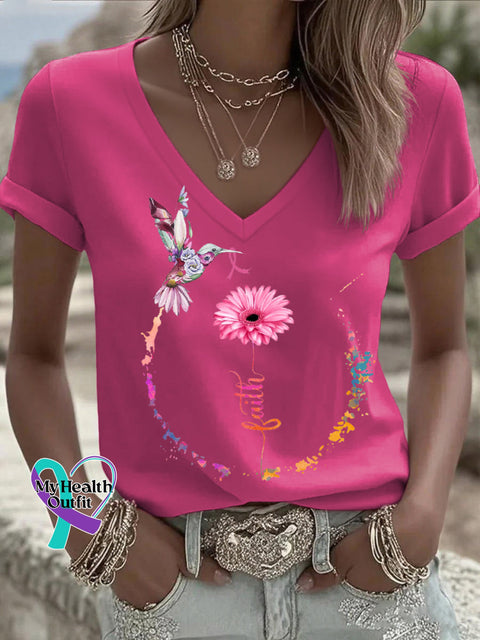Women’s Breast Cancer Awareness Faith V neck Casual T Shirt Pink / S