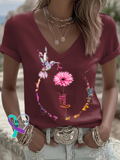 Women’s Breast Cancer Awareness Faith V neck Casual T Shirt Red / S