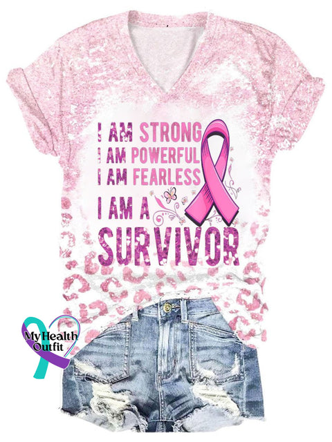 Women’s Breast Cancer Awareness Fight Print V-Neck Casual T-Shirt As Shown / S