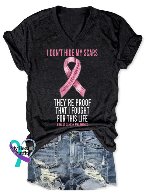 Women’s Breast Cancer Awareness Fight Print V-Neck Casual T-Shirt Black / S