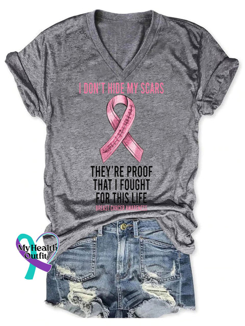 Women’s Breast Cancer Awareness Fight Print V-Neck Casual T-Shirt Grey / S