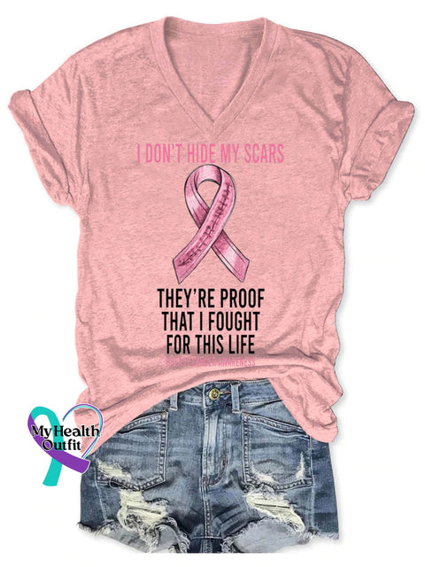 Women’s Breast Cancer Awareness Fight Print V-Neck Casual T-Shirt Light Pink / S