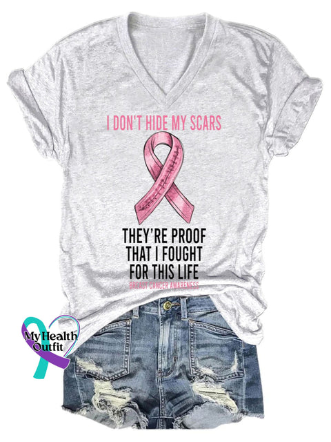 Women’s Breast Cancer Awareness Fight Print V-Neck Casual T-Shirt White / S