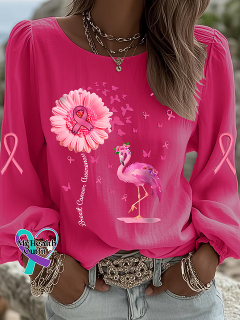 Women’s Breast Cancer Awareness Flamingo Print Casual Cotton And Linen Shirt Multicolor / S