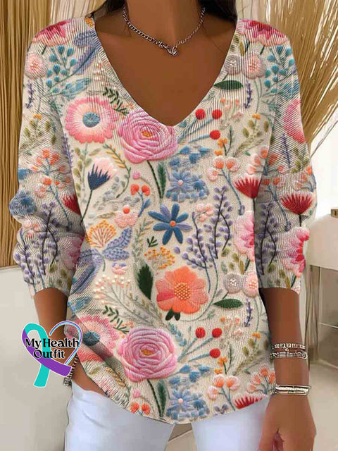 Women’s Breast Cancer Awareness Flora Art Casual Pullover Sweater Multicolor / S