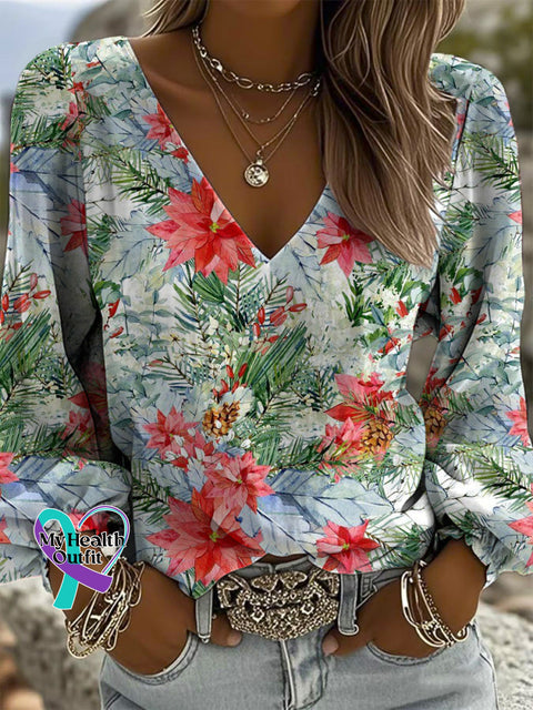 Women’s Breast Cancer Awareness Flora Art Print Casual Cotton And Linen Shirt Multicolor / S