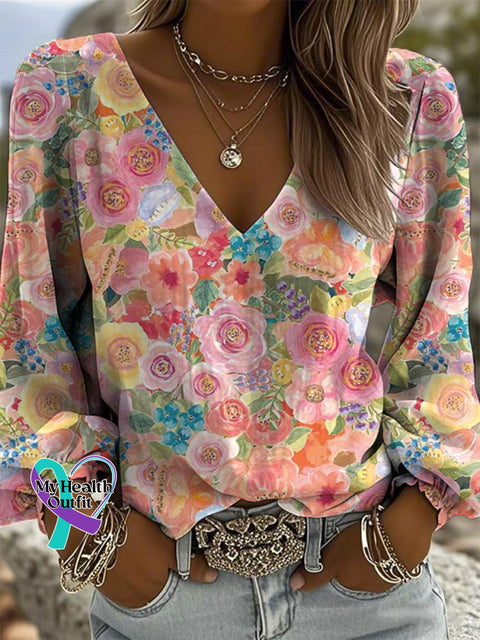 Women’s Breast Cancer Awareness Flora Art Print Casual Cotton And Linen Shirt Multicolor / S