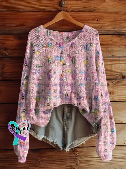 Women’s Breast Cancer Awareness Floral Casual Pullover Sweater Multicolor / S