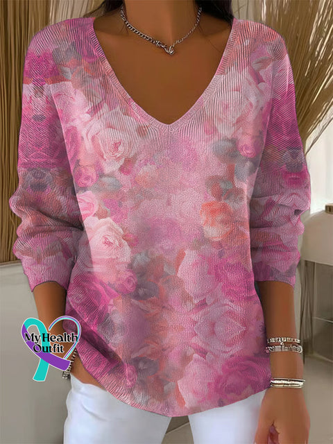 Women’s Breast Cancer Awareness Floral Casual Pullover Sweater Multicolor / S