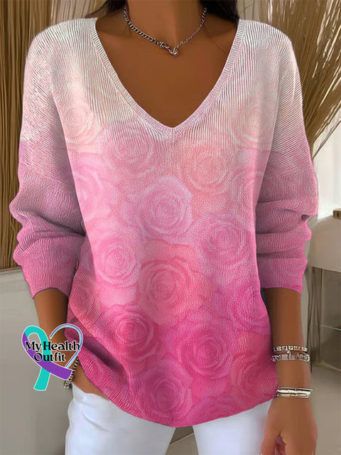 Women’s Breast Cancer Awareness Floral Plaid Casual Pullover Sweater Multicolor / S