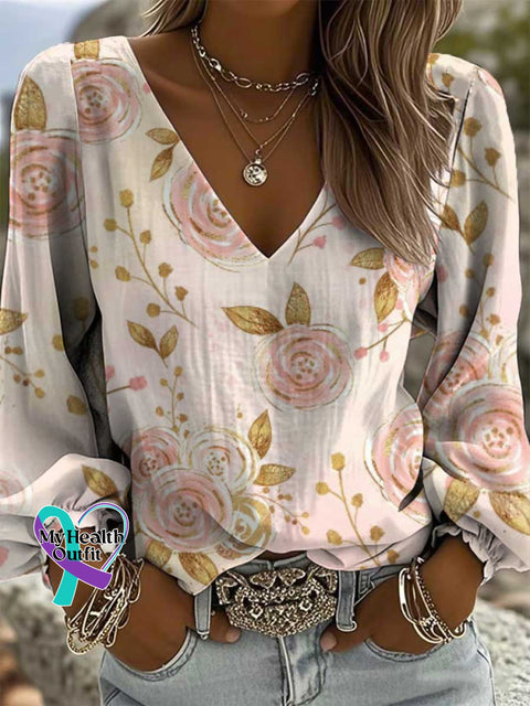 Women’s Breast Cancer Awareness Floral Print Casual Cotton And Linen Shirt Multicolor / S