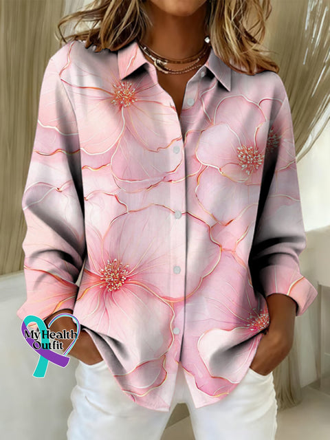 Women’s Breast Cancer Awareness Floral Print Casual Cotton Shirt Multicolor / S