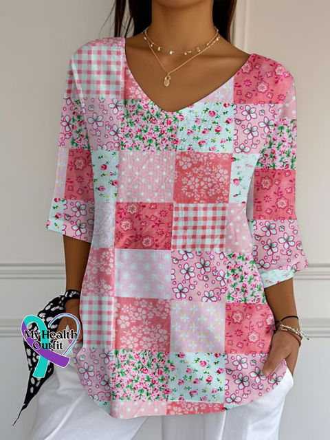 Women’s Breast Cancer Awareness Floral Print Casual Cotton V-neck Shirt Multicolor / S
