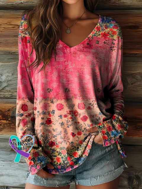 Women’s Breast Cancer Awareness Floral Print Casual V neck Long Sleeve T shirt Multicolor / S