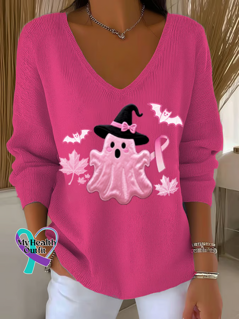Women’s Breast Cancer Awareness Ghost Pink Ribbon Casual Pullover Sweater Pink / S