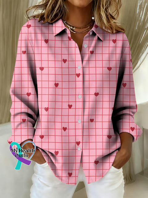 Women’s Breast Cancer Awareness Heart Plaid Print Casual Cotton Shirt Multicolor / S