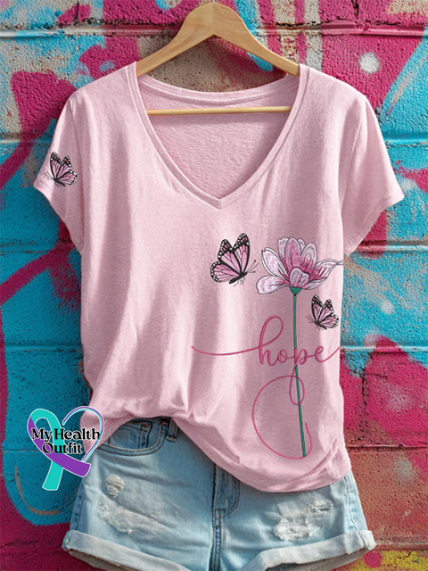 Women’s Breast Cancer Awareness Hope Floral Butterfly V-neck Casual T-Shirt Pink / S