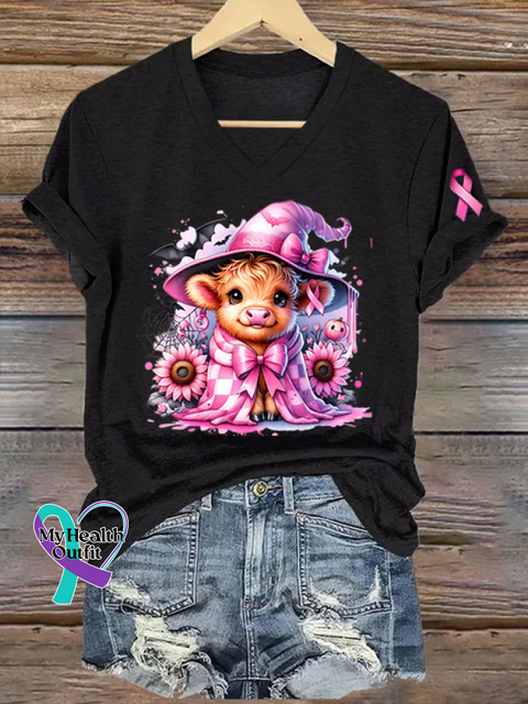 Women’s Breast Cancer Awareness In October We Wear Pink Calf V-neck Casual T-Shirt Black / S