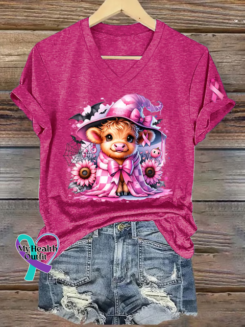 Women’s Breast Cancer Awareness In October We Wear Pink Calf V-neck Casual T-Shirt Pink / S