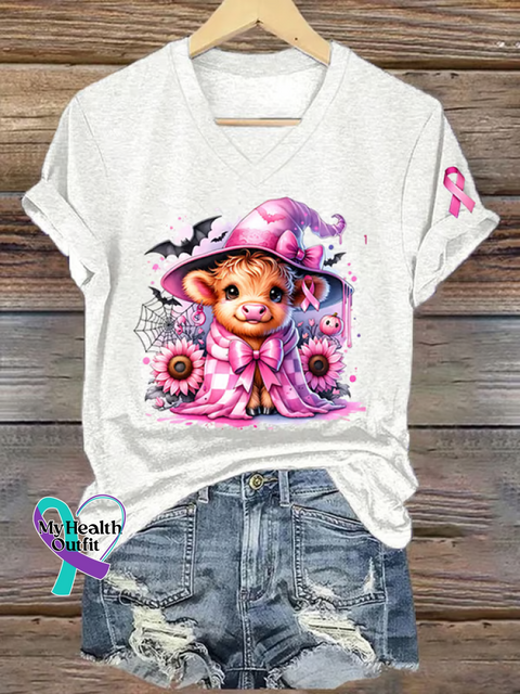 Women’s Breast Cancer Awareness In October We Wear Pink Calf V-neck Casual T-Shirt White / S