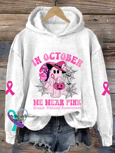 Women’s Breast Cancer Awareness In October We Wear Pink Ghost Ribbon Pumpkin Printed Sweatshirt