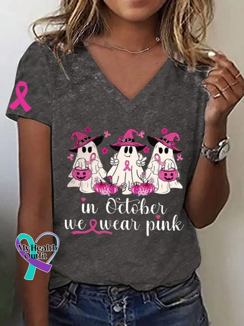 Women’s Breast Cancer Awareness In October We Wear Pink Pumpkins And Ghost Ribbon Print T-Shirt