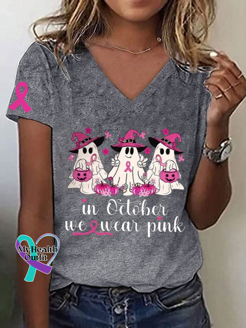 Women’s Breast Cancer Awareness In October We Wear Pink Pumpkins And Ghost Ribbon Print T-Shirt